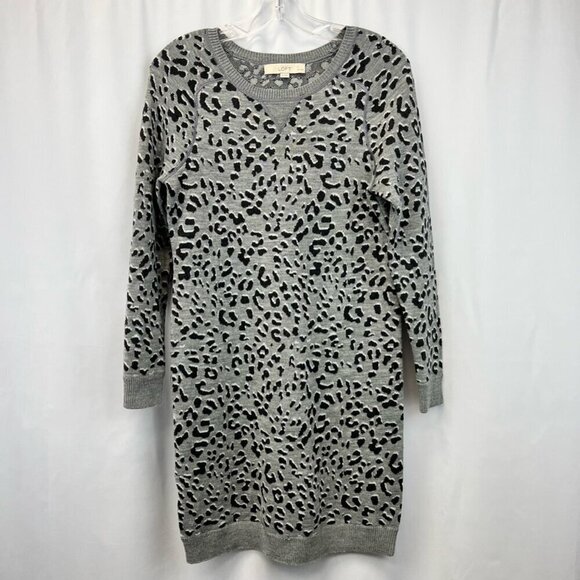Loft Womens Sweater Dress Multicolor Leopard Ribbed Triangle Neckline Petites S - Picture 1 of 10
